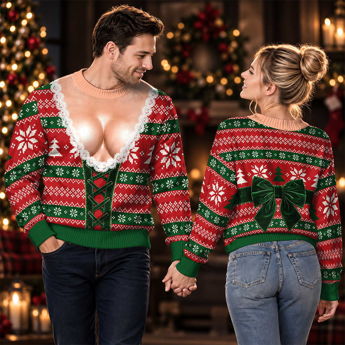 Funny Ugly Christmas Sweater Custom Skin Tone Sexy Cleavage Lace Xmas Party Sweatshirt