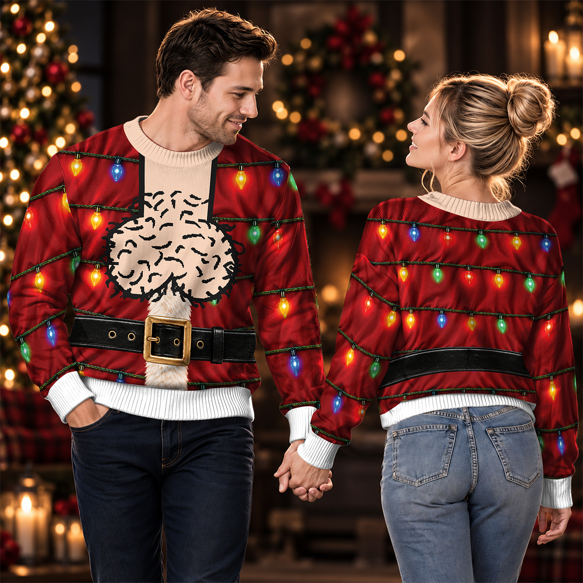 Funny Ugly Christmas Sweater Custom Skin Tone Penis Lights Graphic Xmas Party Sweatshirt