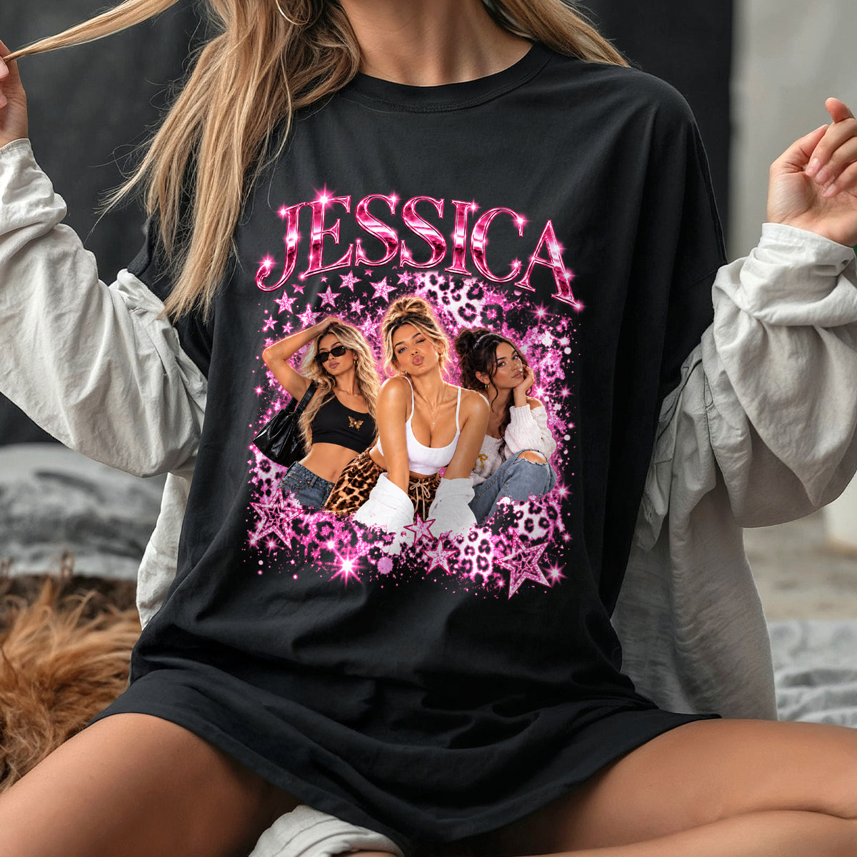 Custom Vintage Photo Collage T Shirt Unisex Leopard Star Graphic Tee Clothing Top Apparel
