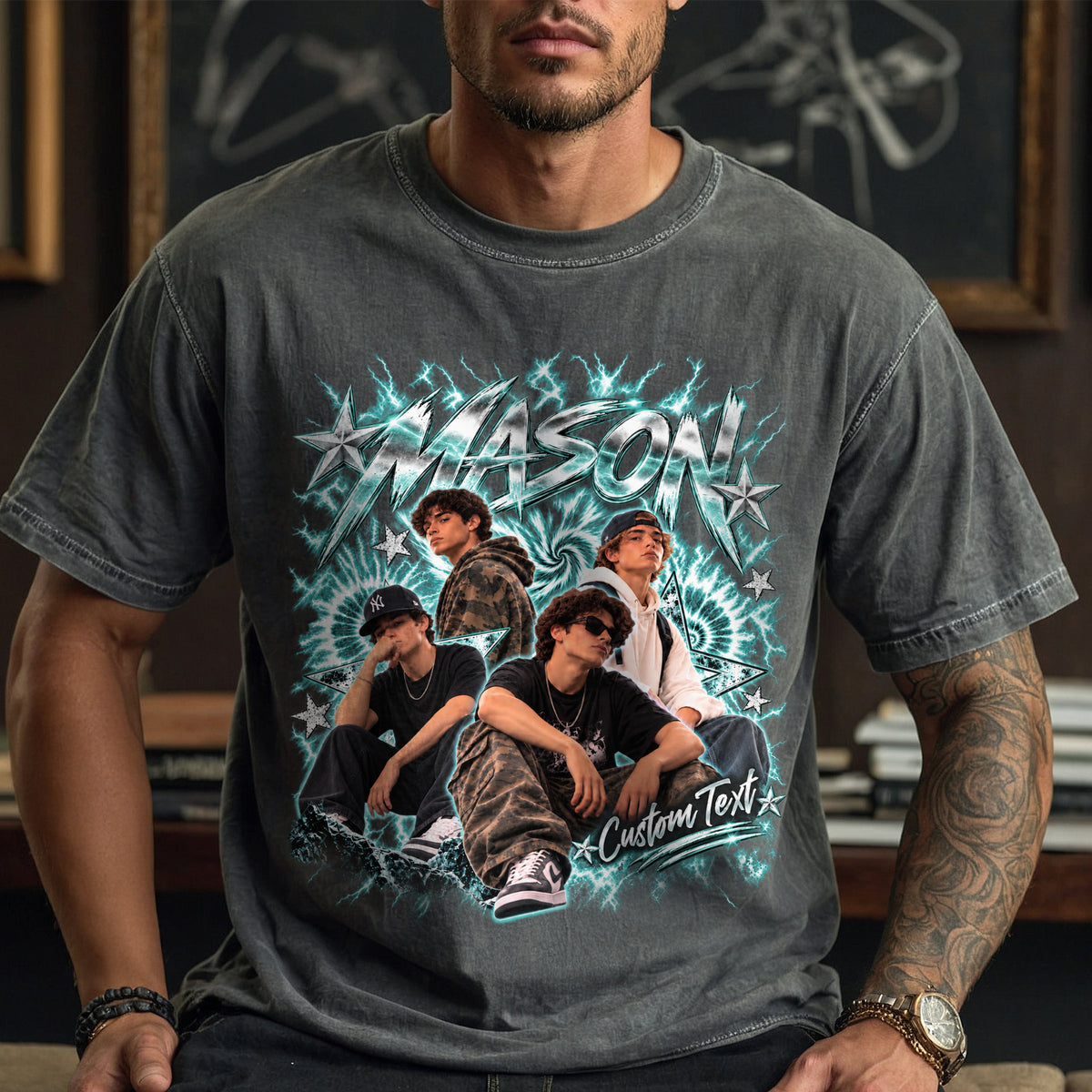 Custom Vintage Photo Collage T Shirt Unisex Lightning Star Graphic Tee Clothing Top