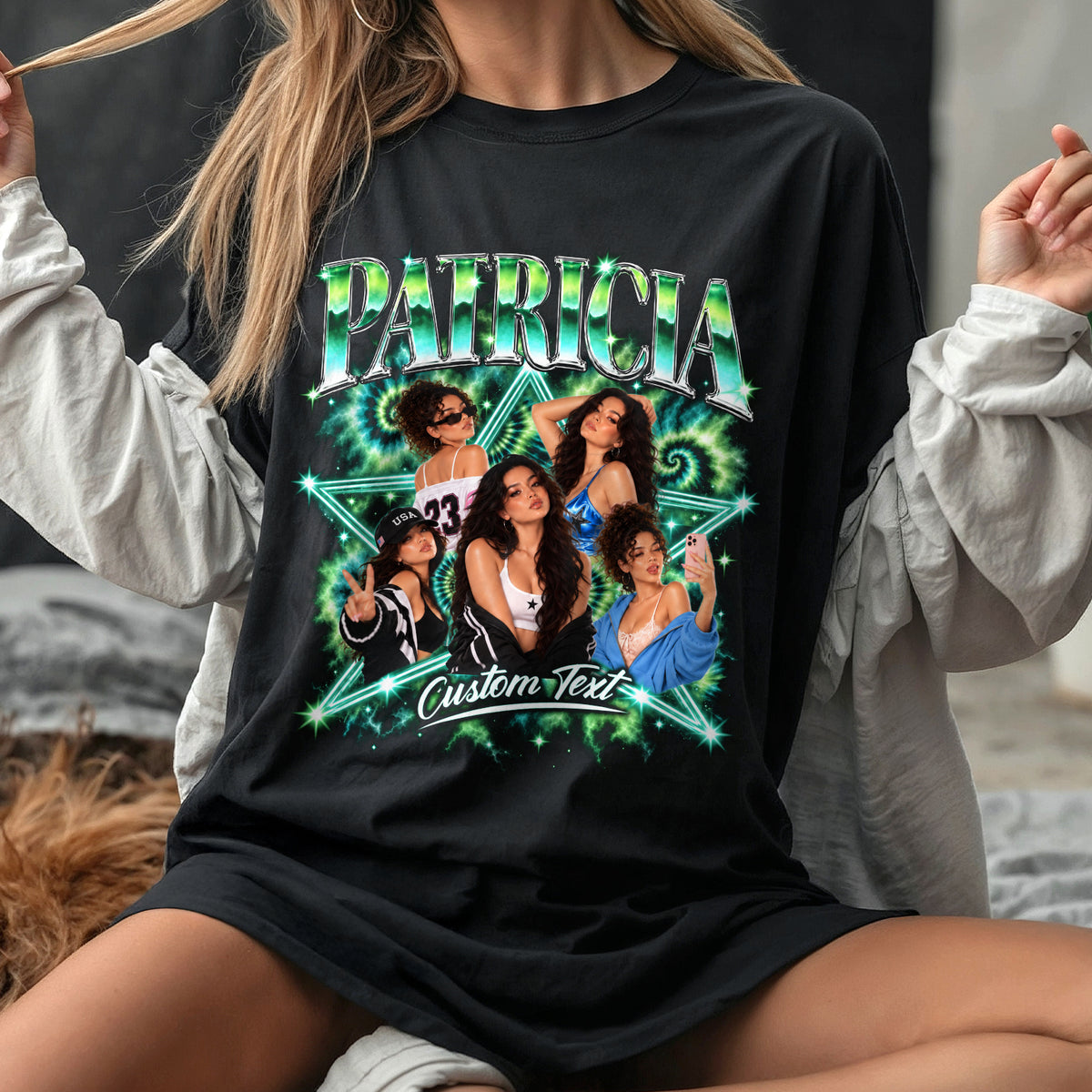 Custom Vintage Photo Collage T Shirt Unisex Neon Star Spiral Graphic Tee Clothing Top
