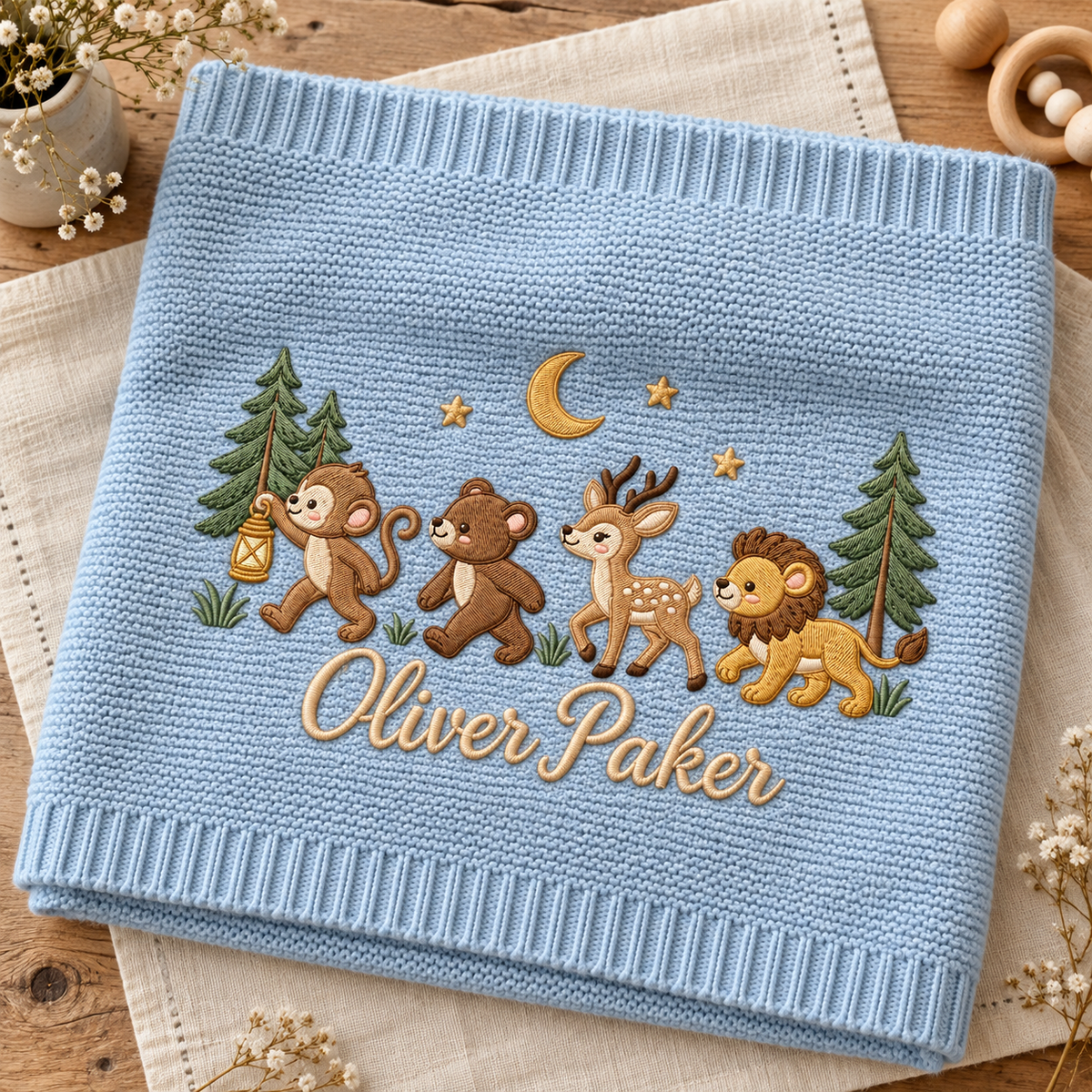 Personalized Embroidered Baby Blanket Custom Name Woodland Animal Knit Blanket Nursery Gift