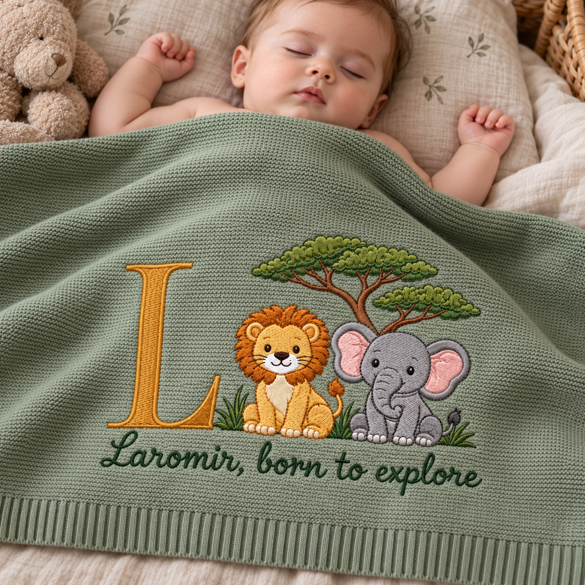 Personalized Embroidered Baby Blanket Custom Initial Lion Elephant Knit Nursery Gift