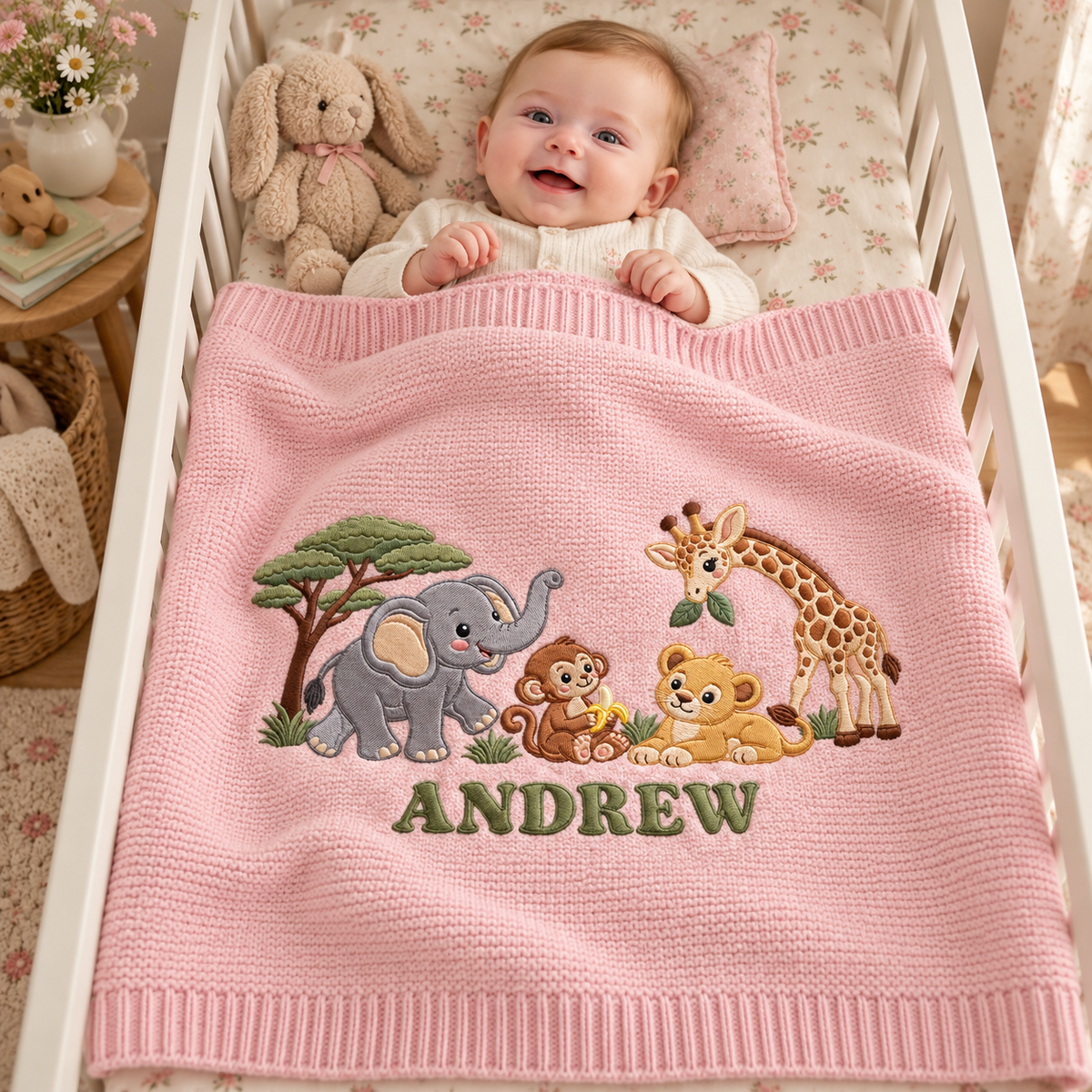Custom Embroidered Baby Blanket Personalized Safari Animal Knit Blanket Baby Shower Gift