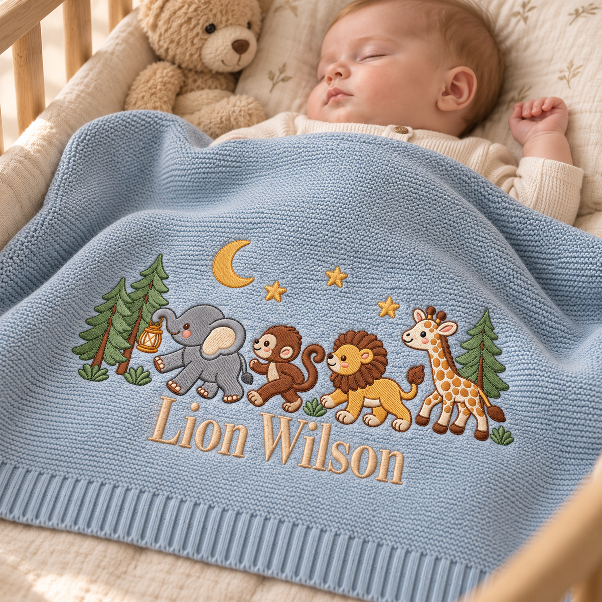 Personalized Embroidered Baby Blanket Custom Elephant Lion Giraffe Knit Baby Shower Gift
