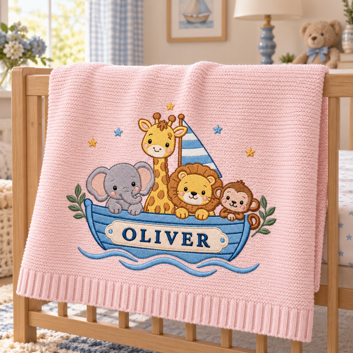 Personalized Embroidered Baby Blanket Custom Name Noah Ark Boat Knit Nursery Blanket