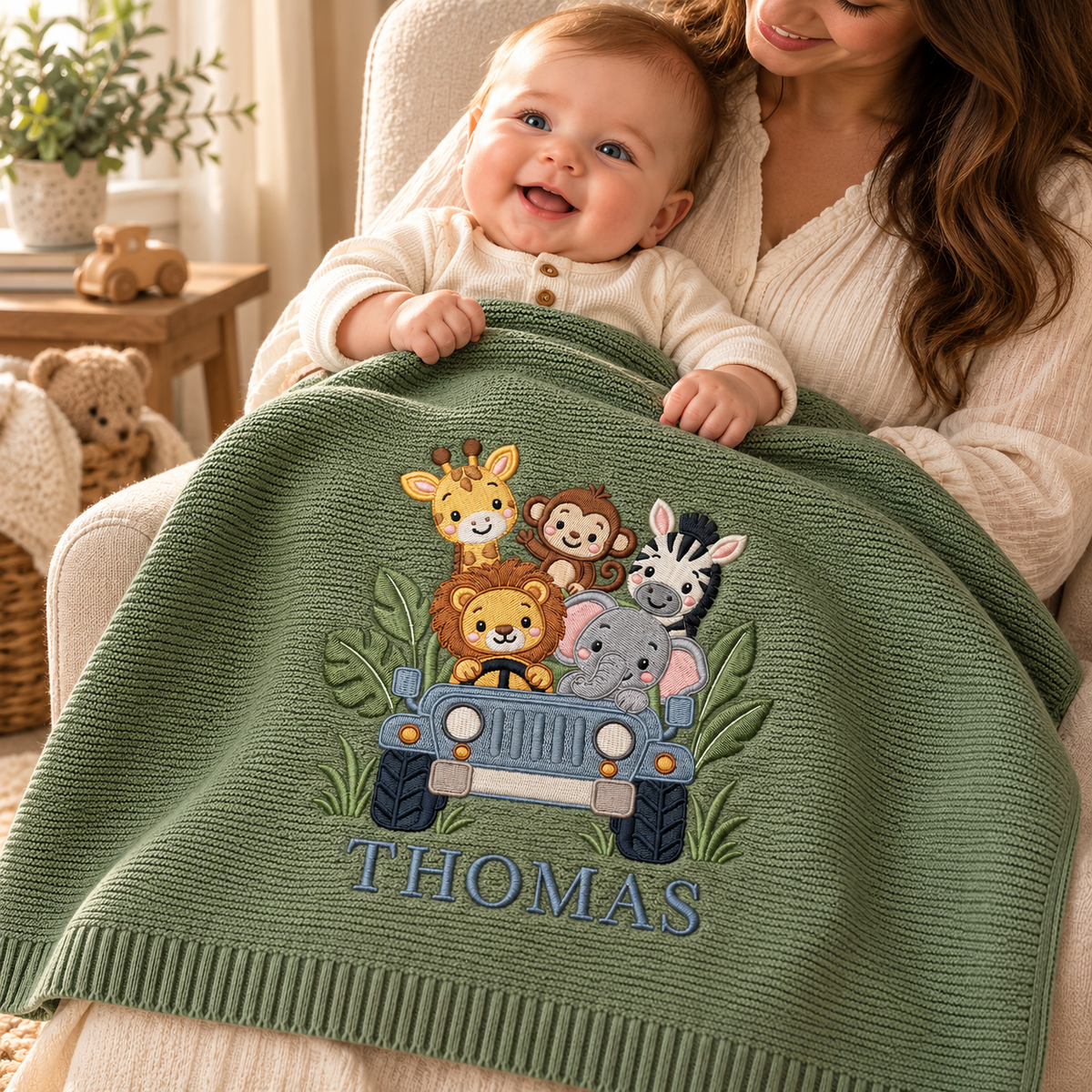 Custom Embroidered Baby Blanket Personalized Safari Car Animal Knit Baby Shower Gift