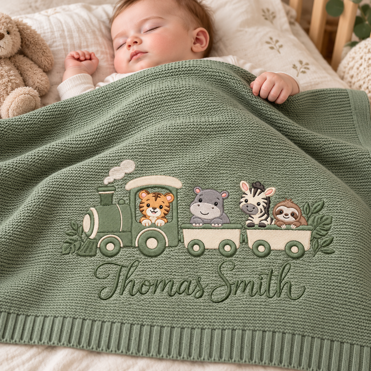 Personalized Embroidered Baby Blanket Custom Name Safari Train Knit Nursery Blanket