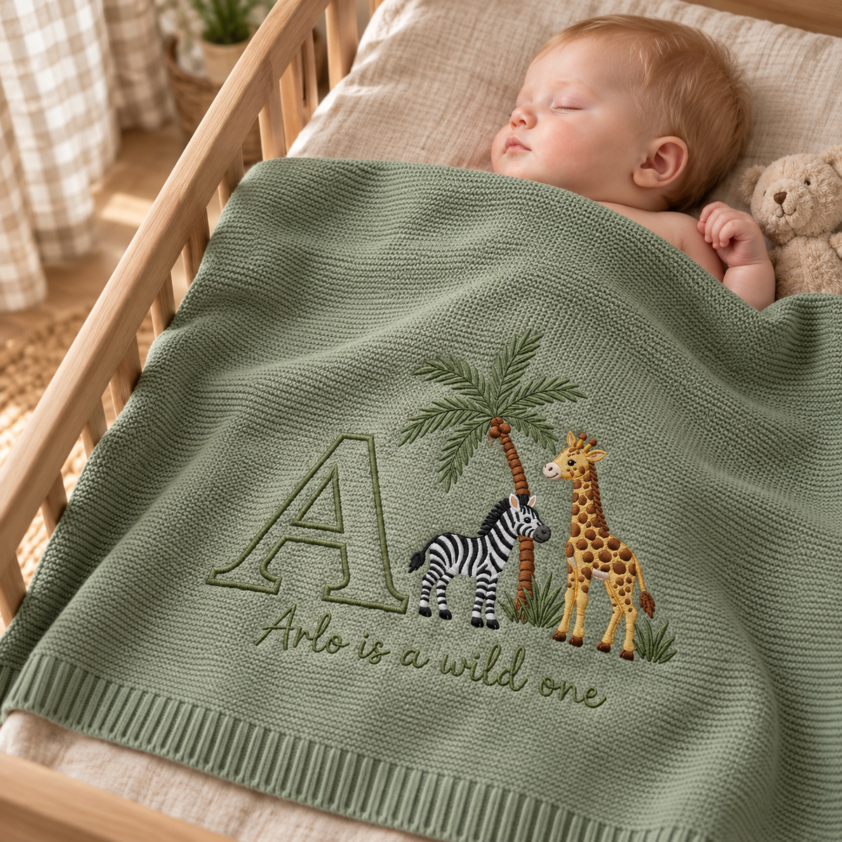Personalized Embroidered Baby Blanket Custom Initial Wild One Knit Nursery Blanket