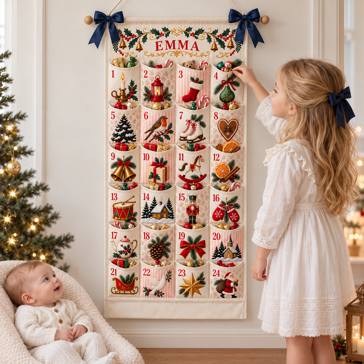 Custom Name Embroid Christmas Advent Calendar Classic Holiday Wall Hanging Pocket