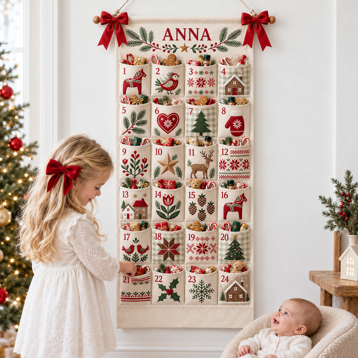 Custom Name Embroid Christmas Advent Calendar Nordic Folk Art Wall Hanging Pocket