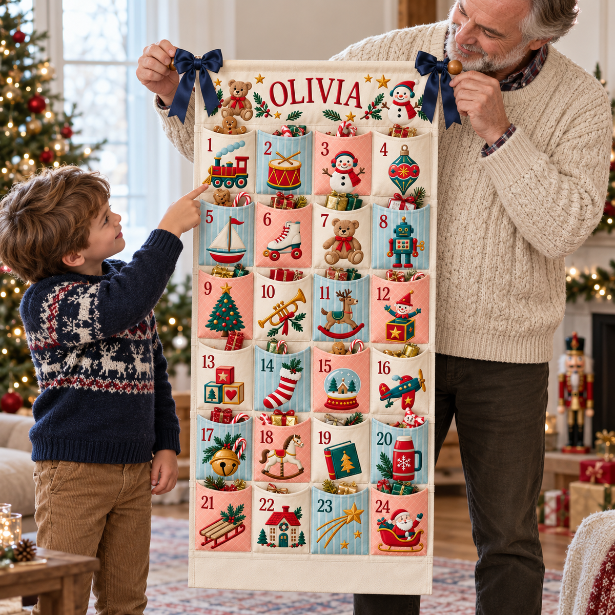 Custom Name Embroid Christmas Advent Calendar Retro Toy Train Wall Hanging Pocket