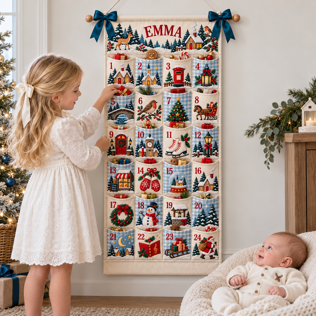 Custom Name Embroid Christmas Advent Calendar Country Village Wall Hanging Pocket