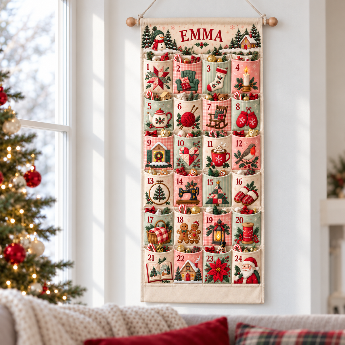 Custom Name Embroid Christmas Advent Calendar Cozy Handcraft Wall Hanging Pocket
