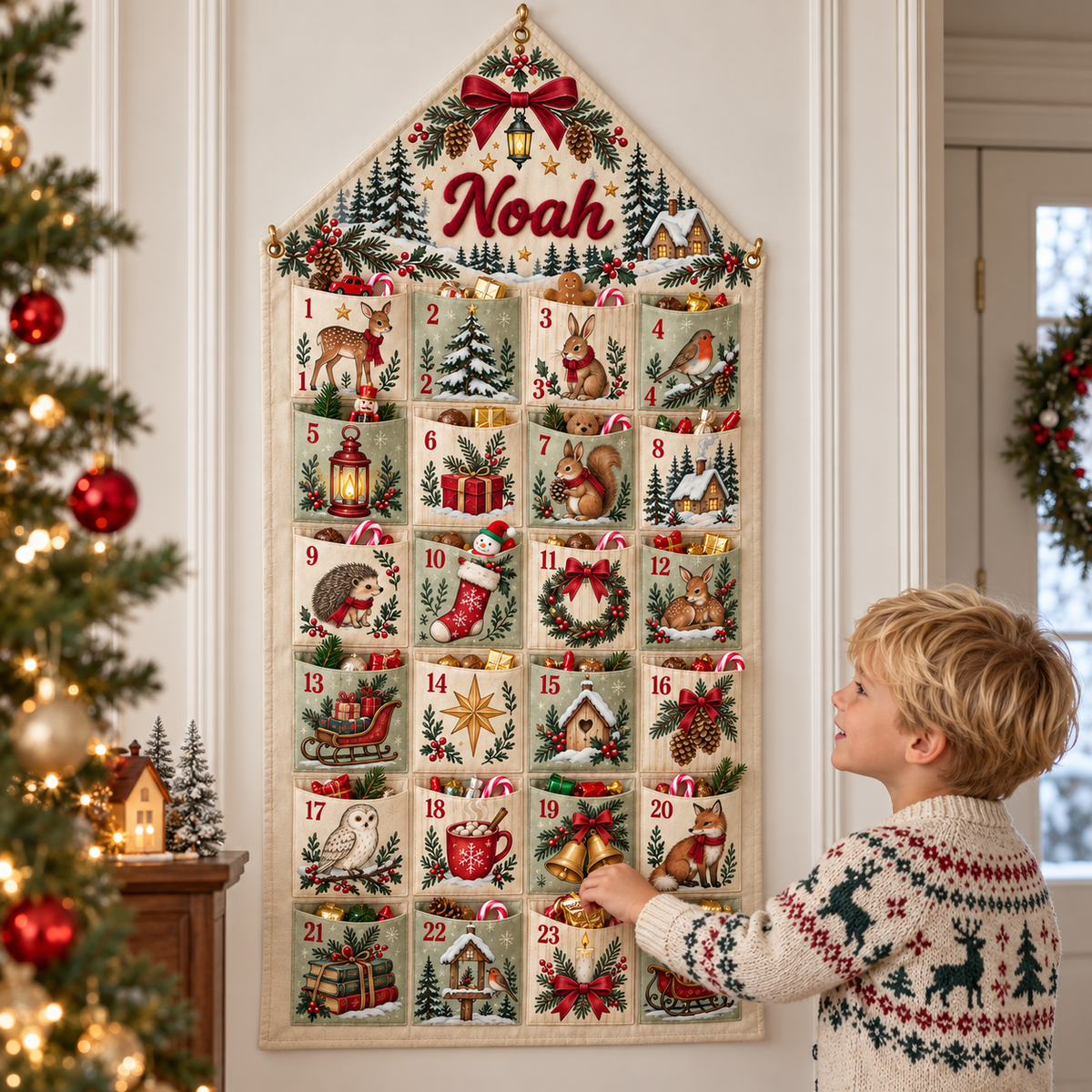 Custom Name Embroid Christmas Advent Calendar Woodland Animal Wall Hanging Pocket