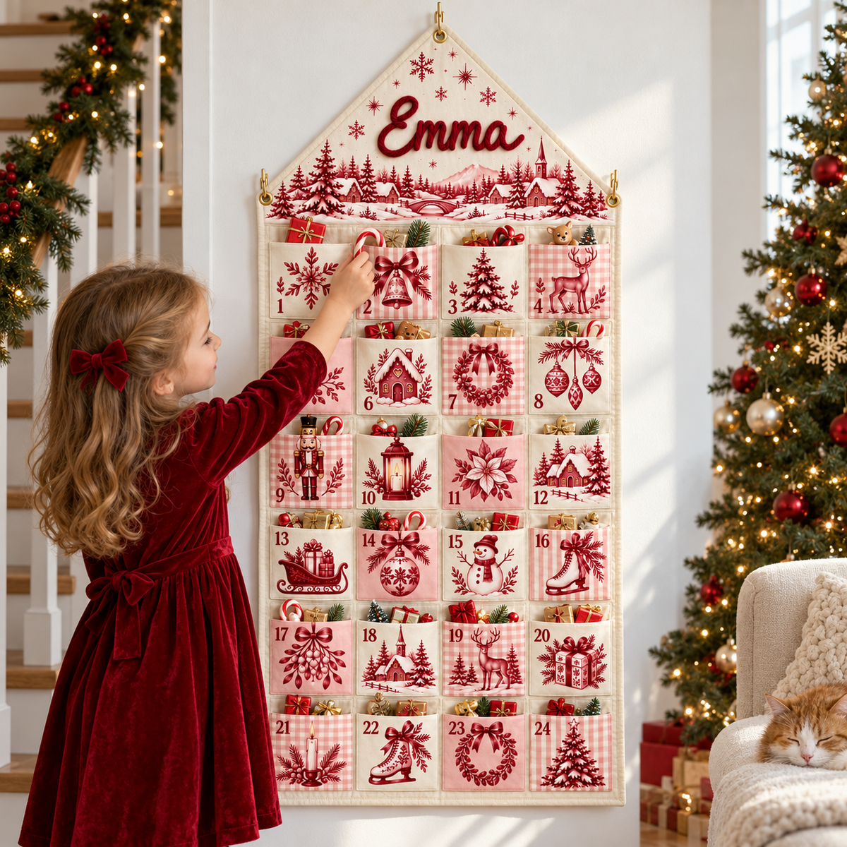 Custom Name Embroid Christmas Advent Calendar Toile De Jouy Vintage Wall Hanging Pocket