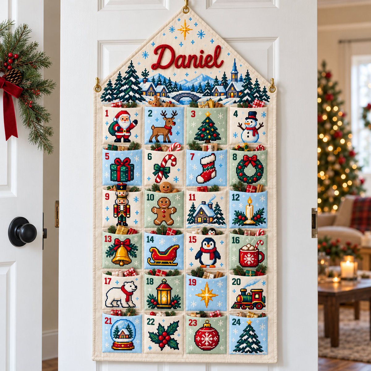 Custom Name Embroid Christmas Advent Calendar Pixel Art Santa Wall Hanging Pocket