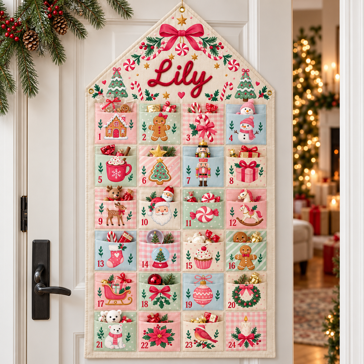 Custom Name Embroid Christmas Advent Calendar Gingerbread Santa Wall Hanging Pocket
