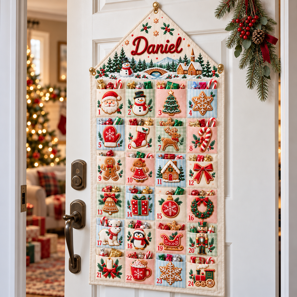 Custom Name Embroid Christmas Advent Calendar Gingerbread Snowman Wall Hanging Pocket