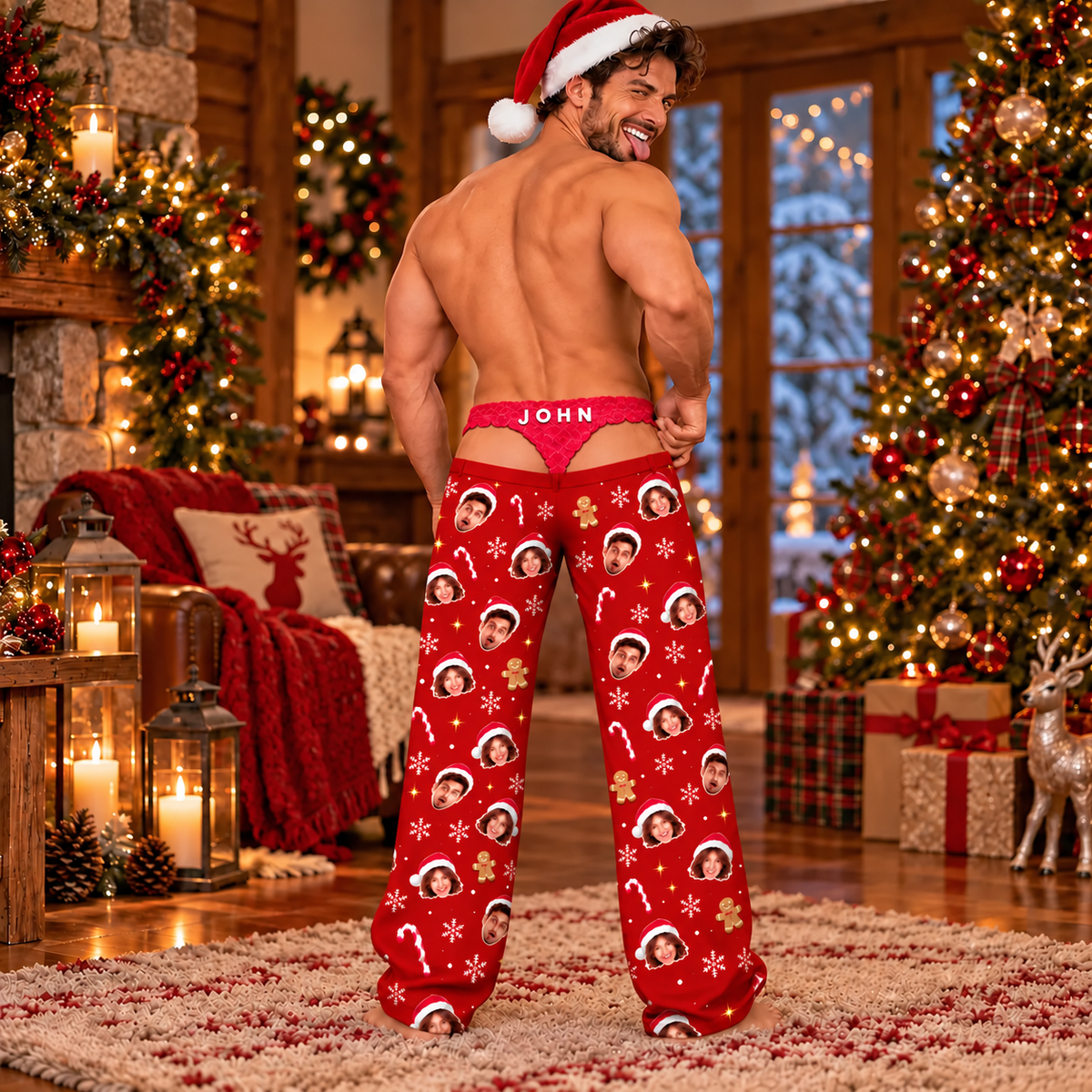 Custom Face Christmas Pajama Pants Funny Photo Print Holiday Thong Underwear Bottoms
