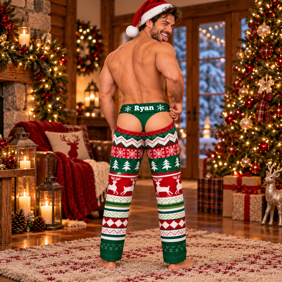 Custom Face Christmas Pajama Pants Personalized Photo Print Thong Underwear Loungewear
