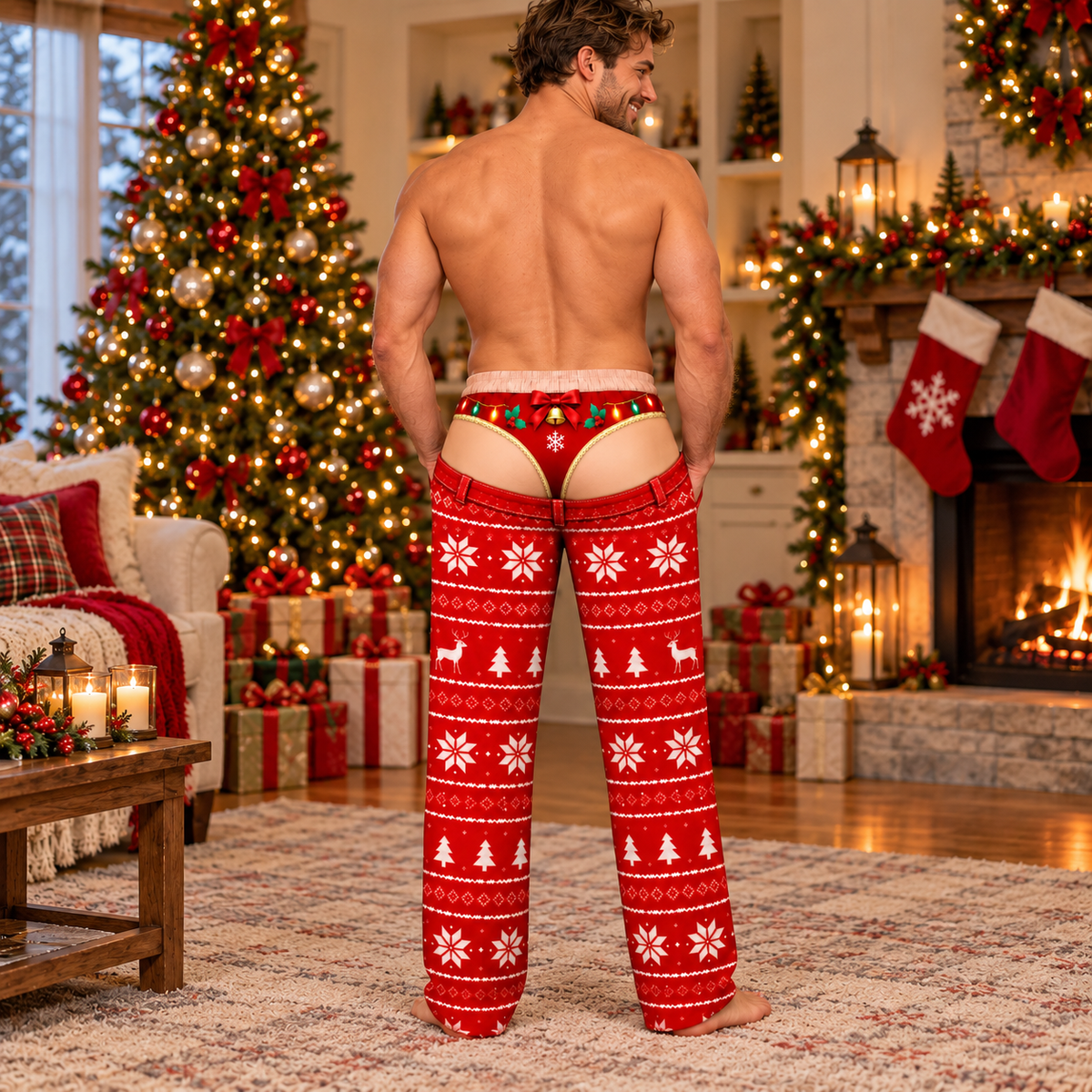 Custom Face Christmas Pajama Pants Funny Photo Print Holiday Thong Loungewear Set