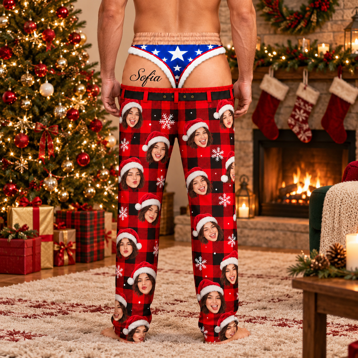 Custom Face Christmas Pajama Pants American Eagle Thong Underwear Novelty Bottoms