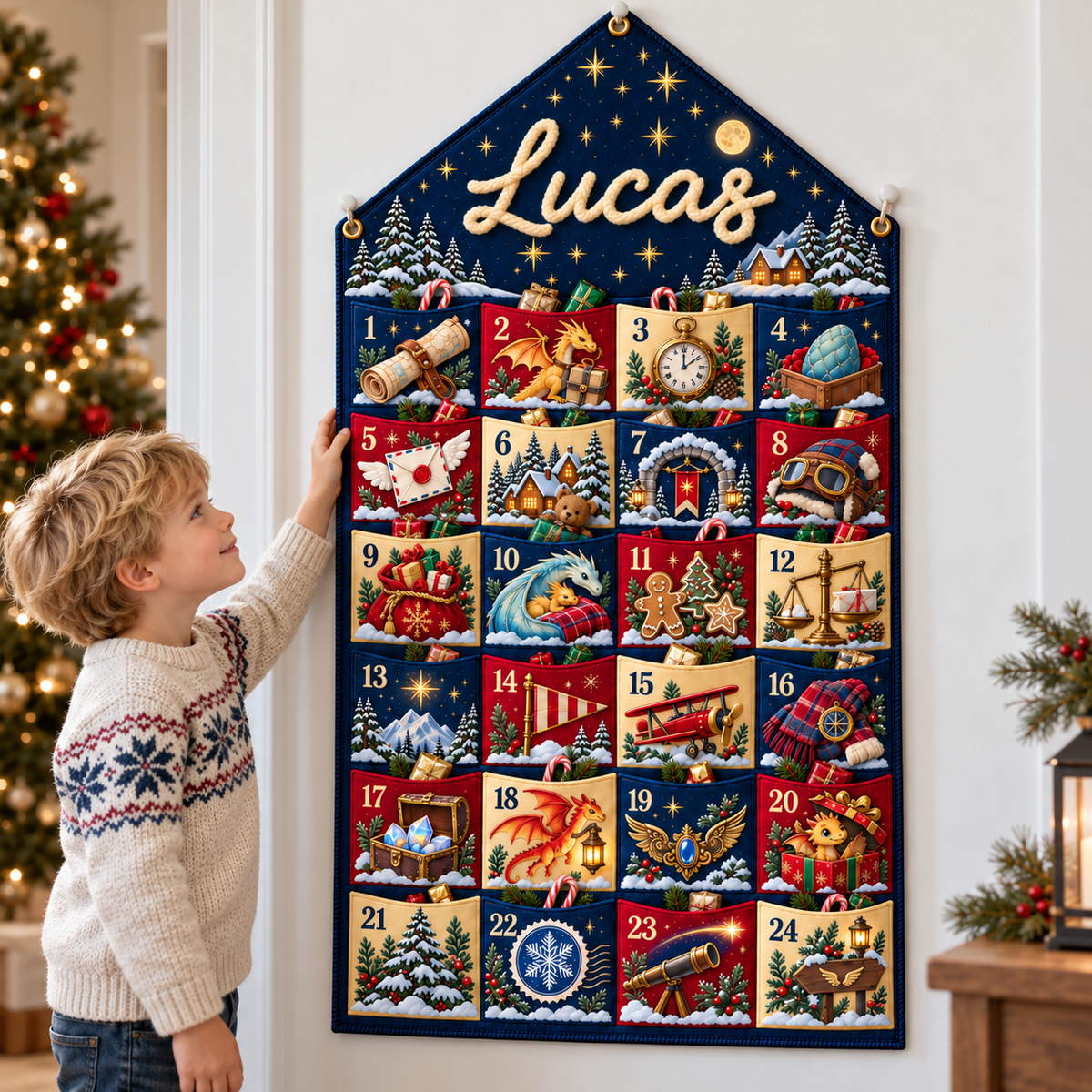 Custom Name Blue Embroid Christmas Advent Calendar Dragon Fantasy Wall Hanging Pocket