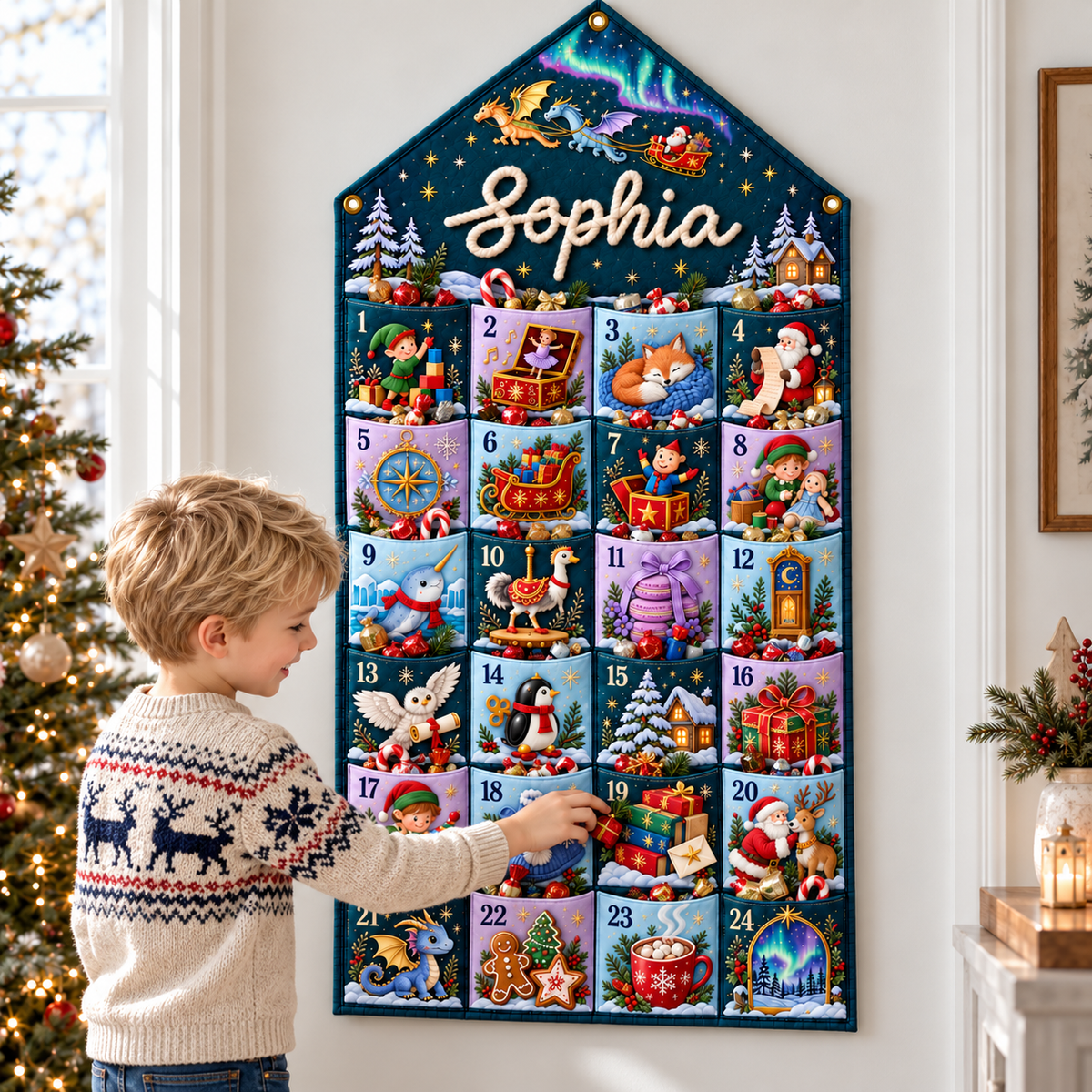 Custom Name Embroid Christmas Advent Calendar Fantasy Dragon Santa Wall Hanging Pocket