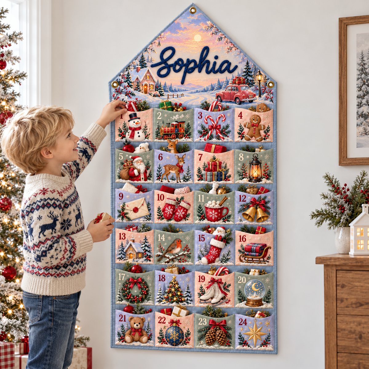 Custom Name Embroid Christmas Advent Calendar Winter Village Snowman Wall Hanging Pocket