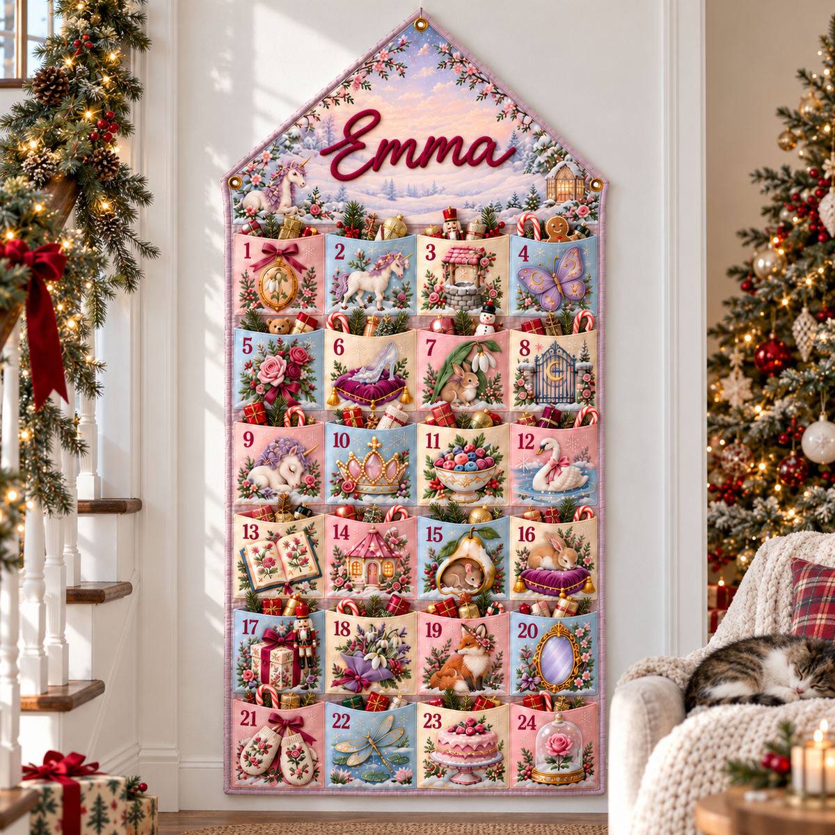 Custom Name Embroid Christmas Advent Calendar Princess Unicorn Wall Hanging Pocket