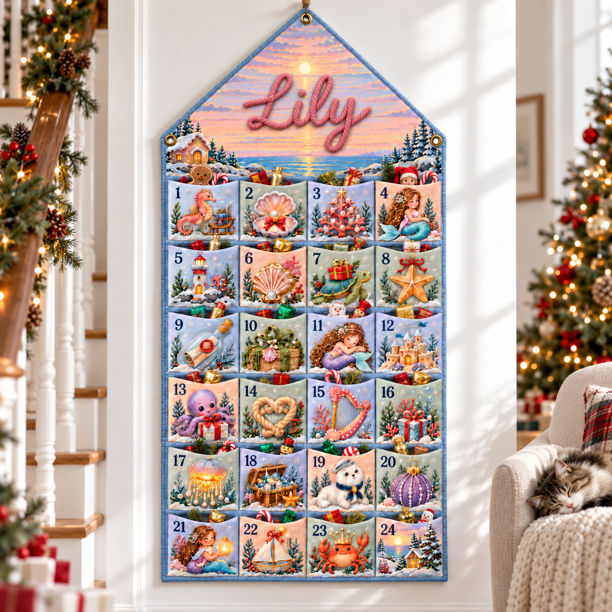 Custom Name Embroid Christmas Advent Calendar Mermaid Coastal Wall Hanging Pocket