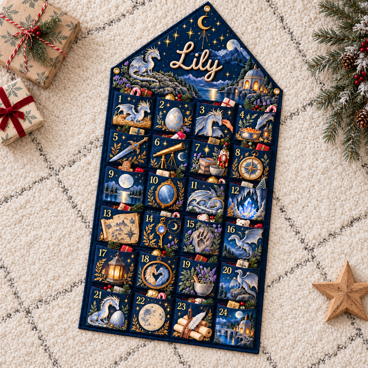 Custom Name Embroid Christmas Advent Calendar Dragon Fantasy Hanging Pocket Tapestry