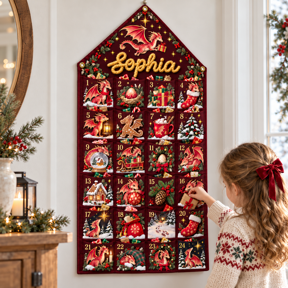 Custom Name Embroid Christmas Advent Calendar Baby Dragon Hanging Pocket Tapestry