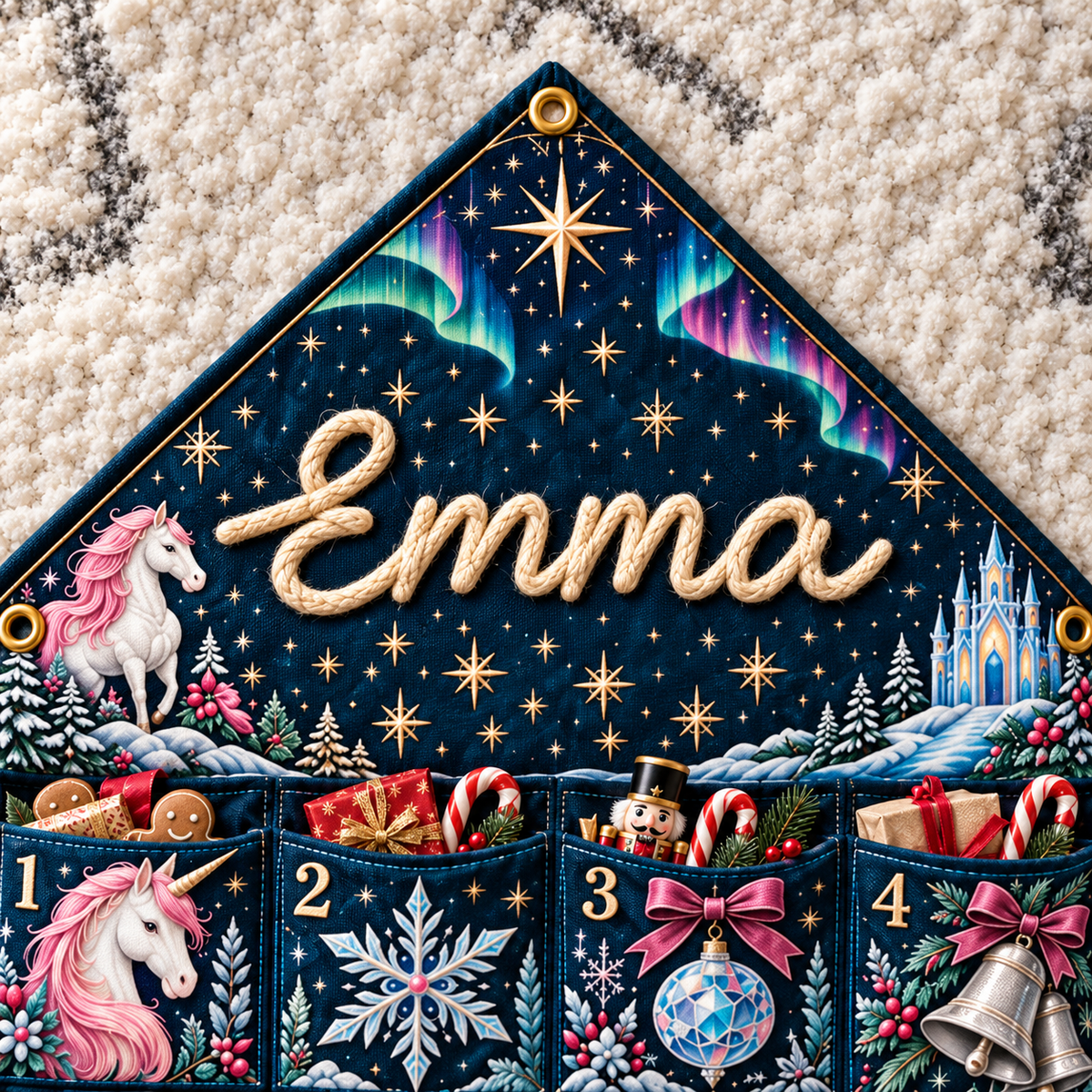 Custom Name Embroid Christmas Advent Calendar Unicorn Magic Hanging Pocket Tapestry