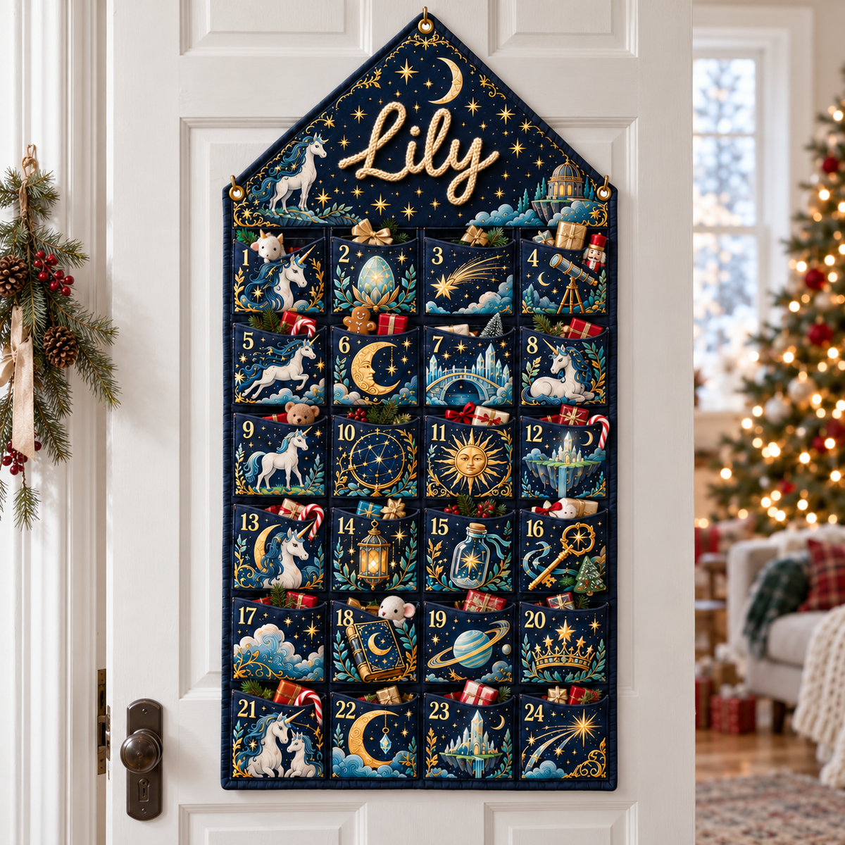 Custom Name Embroid Christmas Advent Calendar Unicorn Celestial Wall Hanging Pocket