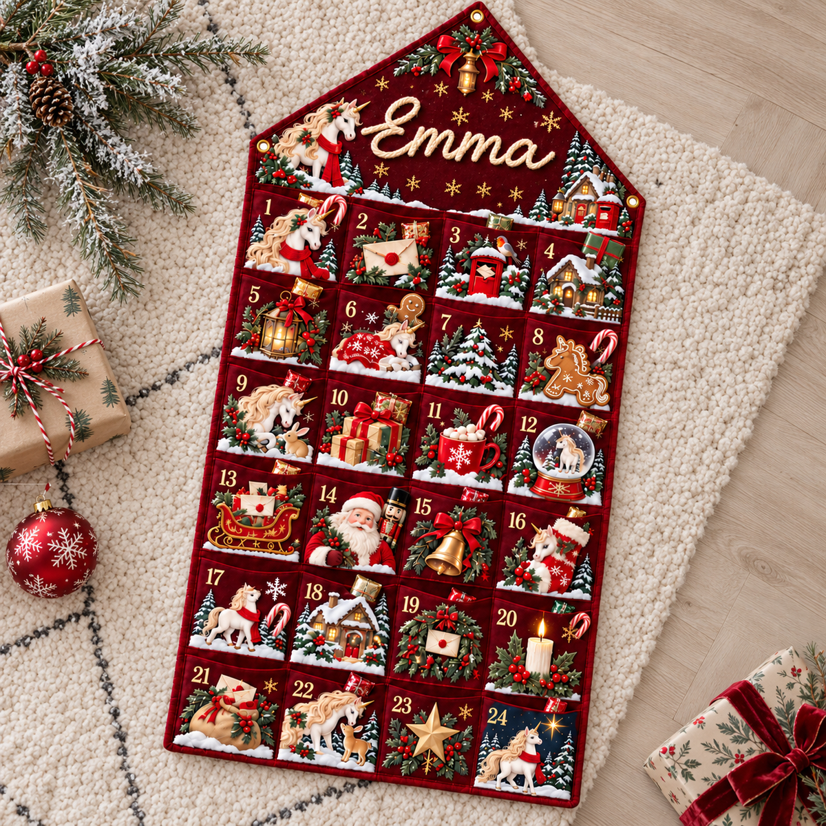 Custom Name Embroid Christmas Advent Calendar Unicorn Festive Wall Hanging Pocket