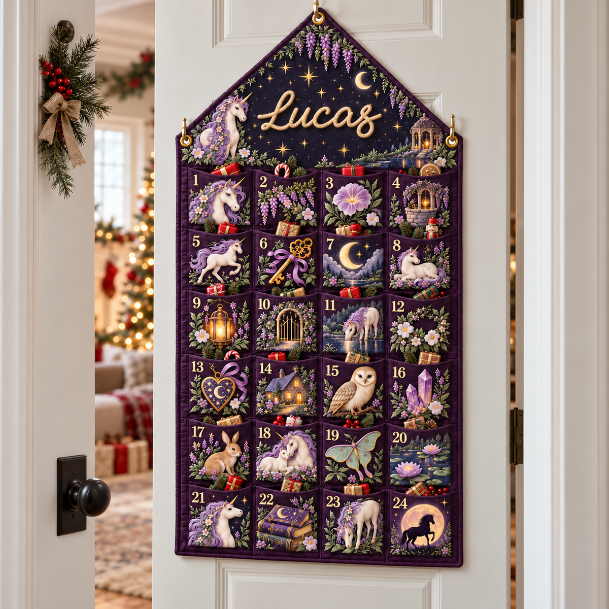 Custom Name Purple Embroid Christmas Advent Calendar Unicorn Wall Hanging Pocket