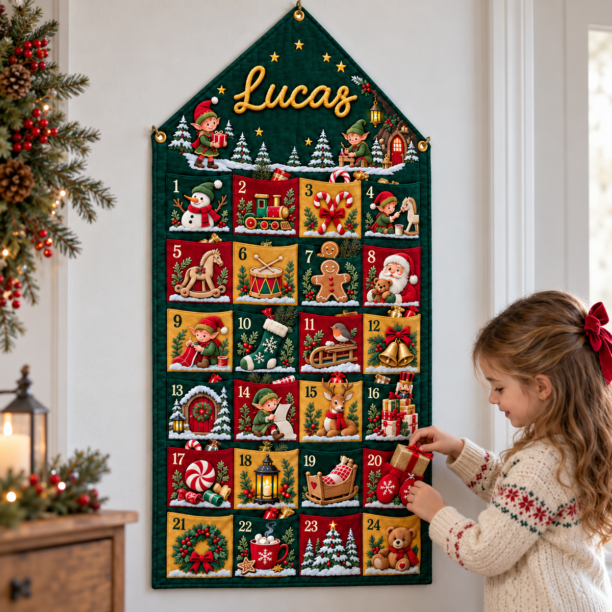 Custom Name Green Embroid Christmas Advent Calendar Elf Santa Wall Hanging Pocket