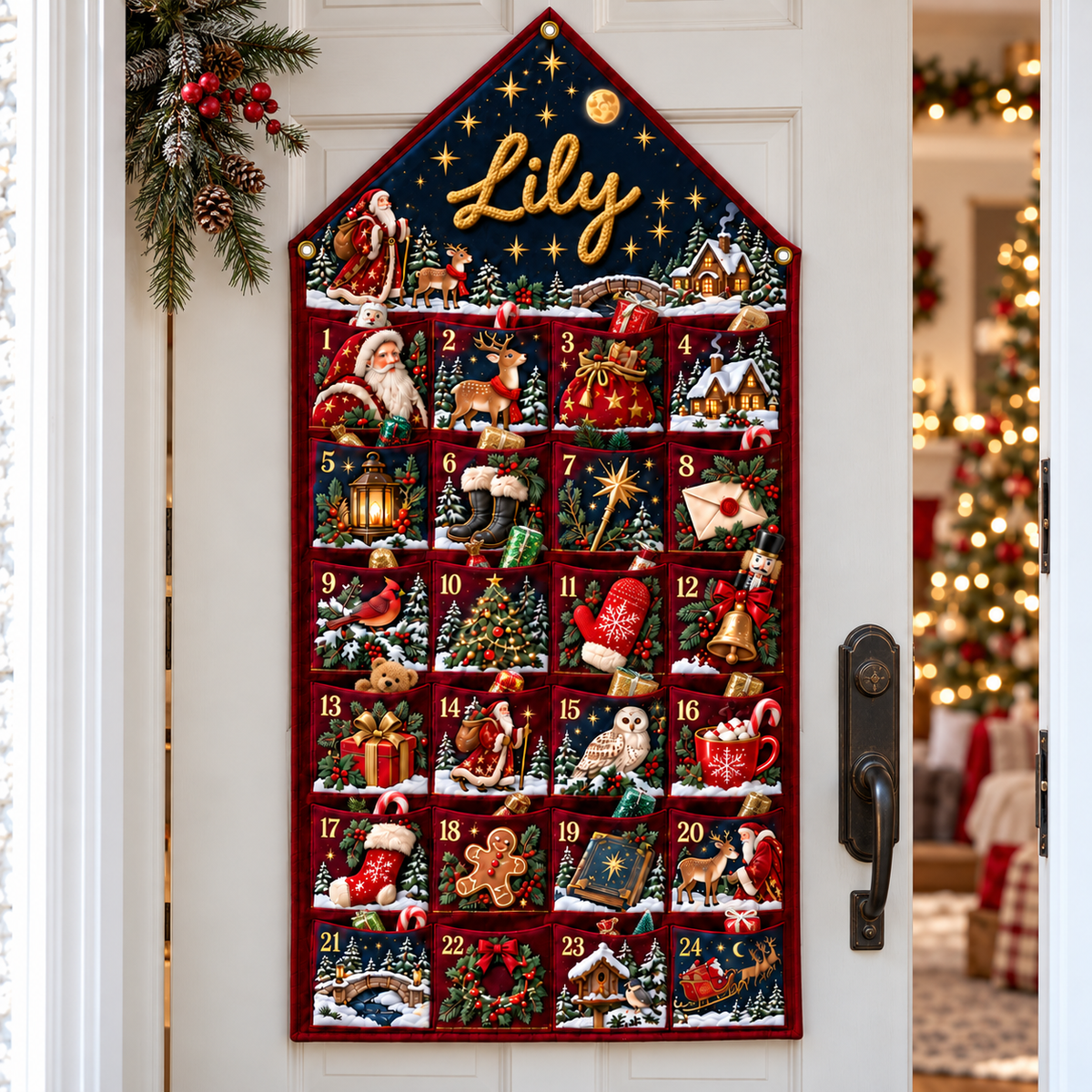 Custom Name Burgundy Embroid Christmas Advent Calendar Santa Reindeer Hanging Pocket