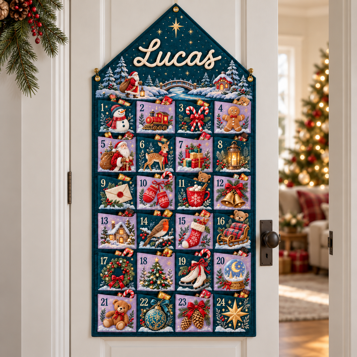 Custom Name Teal Embroid Christmas Advent Calendar Festive Snowman Wall Hanging Pocket
