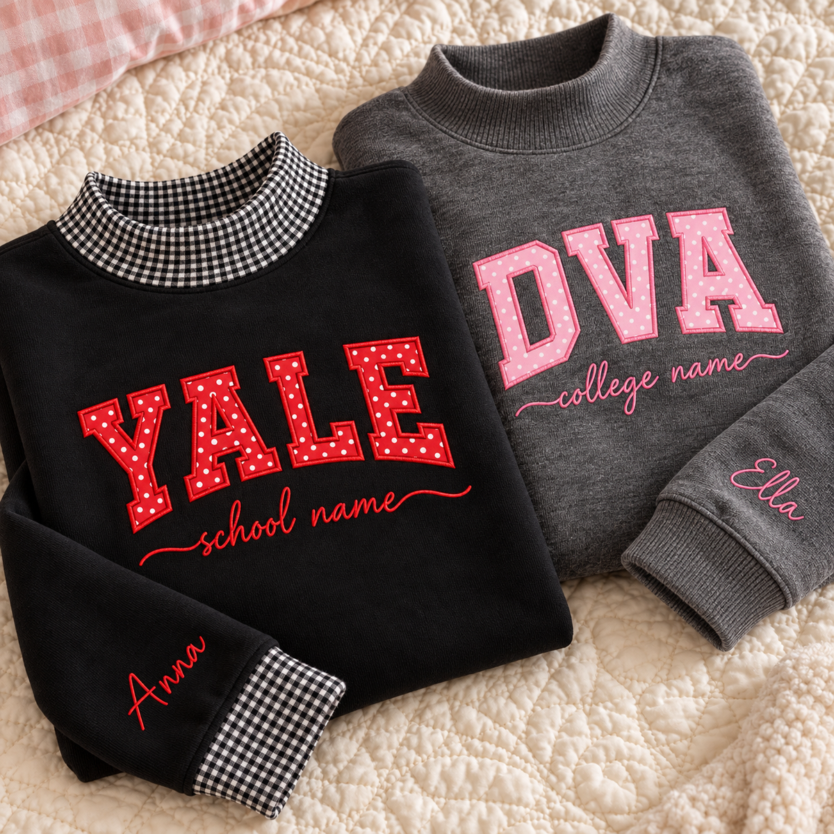 Custom University Mockneck Sweatshirt Plaid Collar Custom College Sleeve Name Pullover