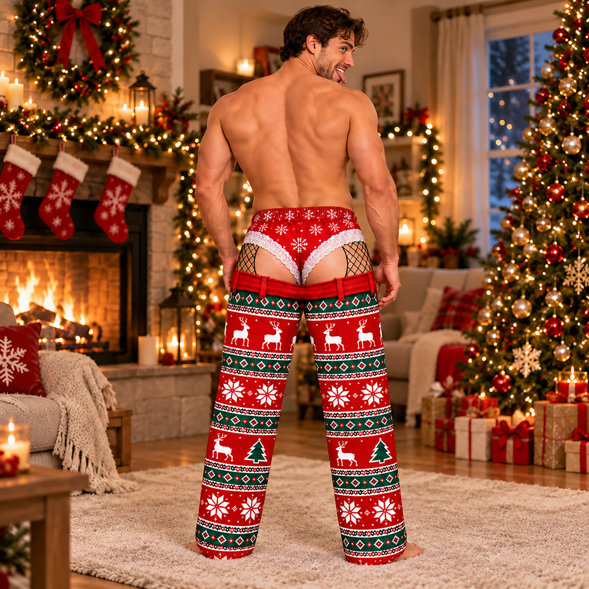 Custom Christmas Reindeer Snowflake Funny Pajamas Open Back Chaps Loungewear Pants