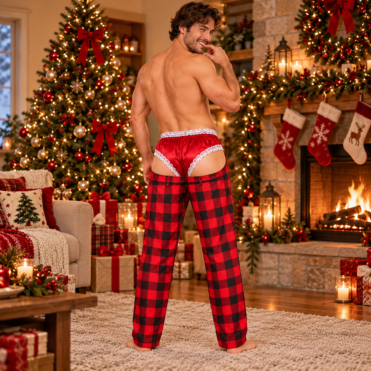 Custom Christmas Plaid Buffalo Check Funny Pajamas Open Back Chaps Loungewear Pants