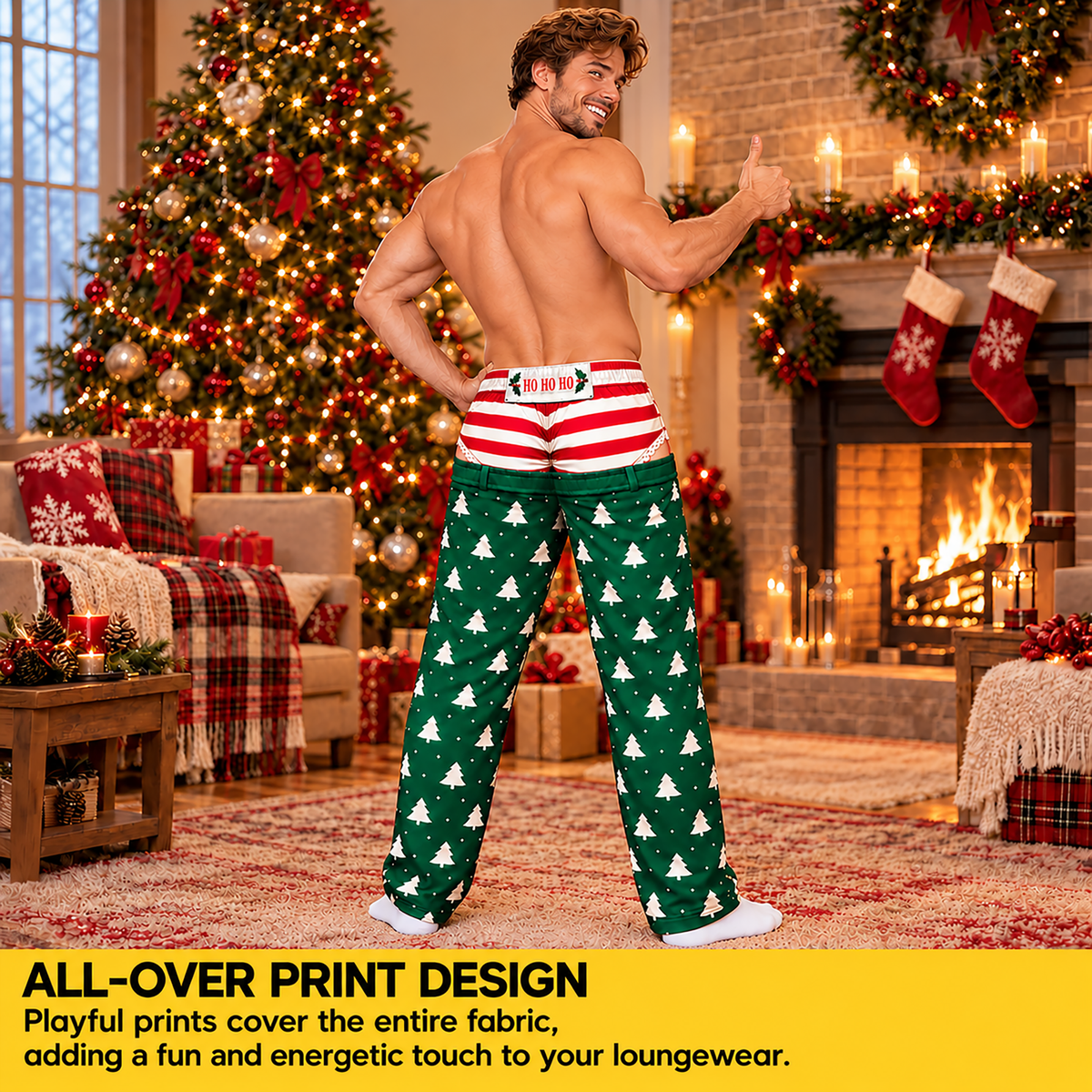 Custom Christmas Tree Striped Ribbon Bow Ho Ho Ho Men Pajama Pants Sleepwear Bottoms