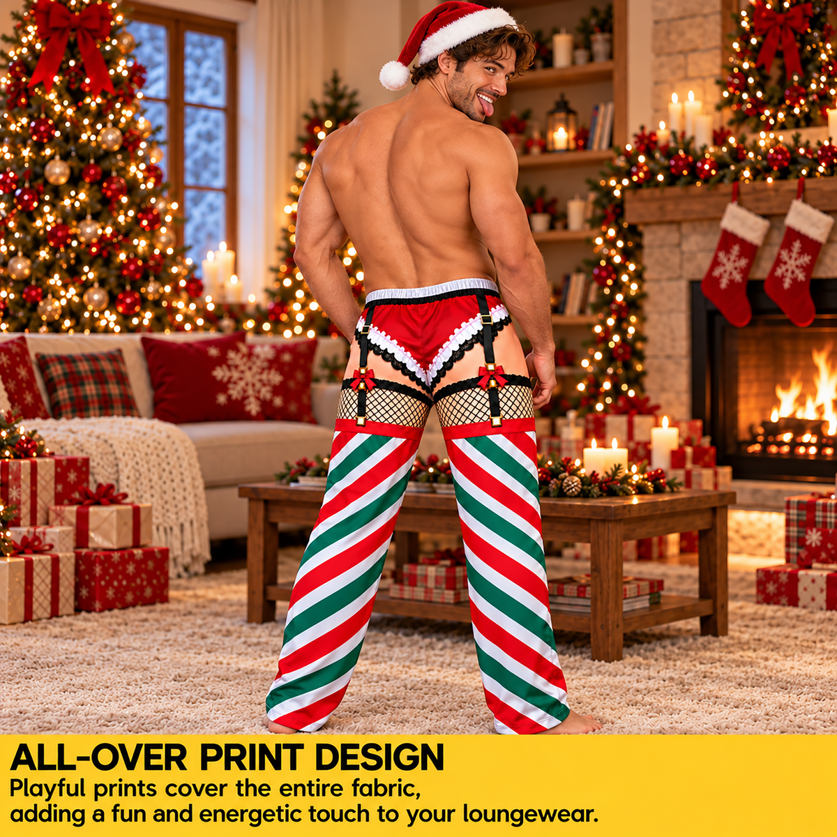 Custom Christmas Candy Cane Striped Garter Fishnet Men Pajama Pants Sleepwear Bottoms