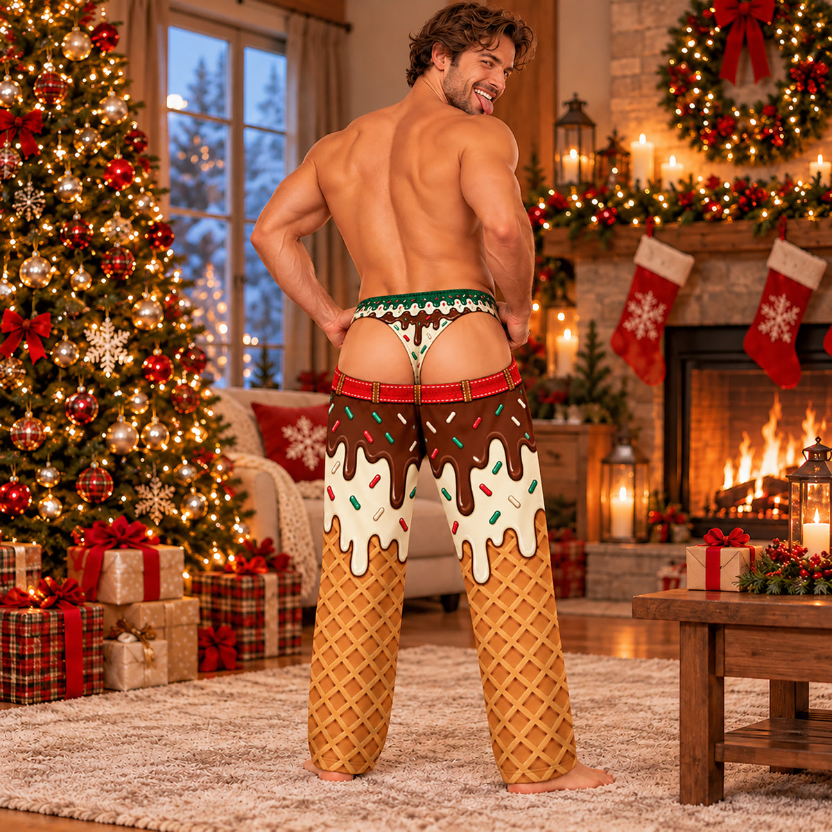 Custom Christmas Waffle Cone Chocolate Sprinkles Thong Men Pajama Pants Sleepwear