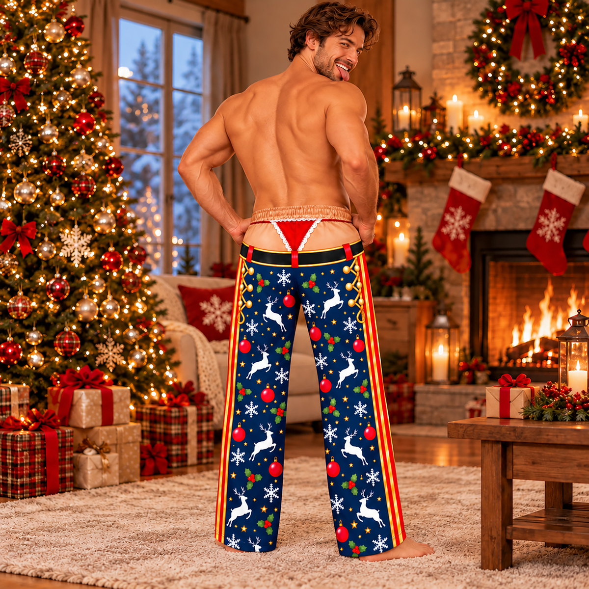 Custom Christmas Nutcracker Reindeer Bauble Thong Men Pajama Pants Sleepwear Bottoms