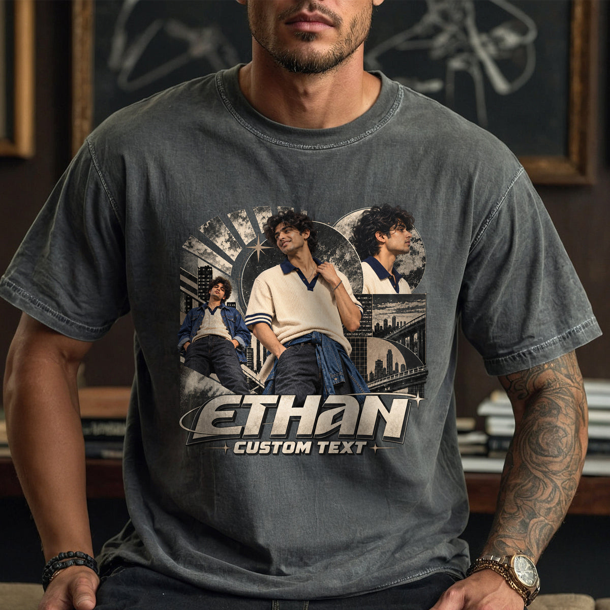 Custom Photo T-Shirt Y2K Star Arch Graphic Tee Personalized Picture Name Apparel