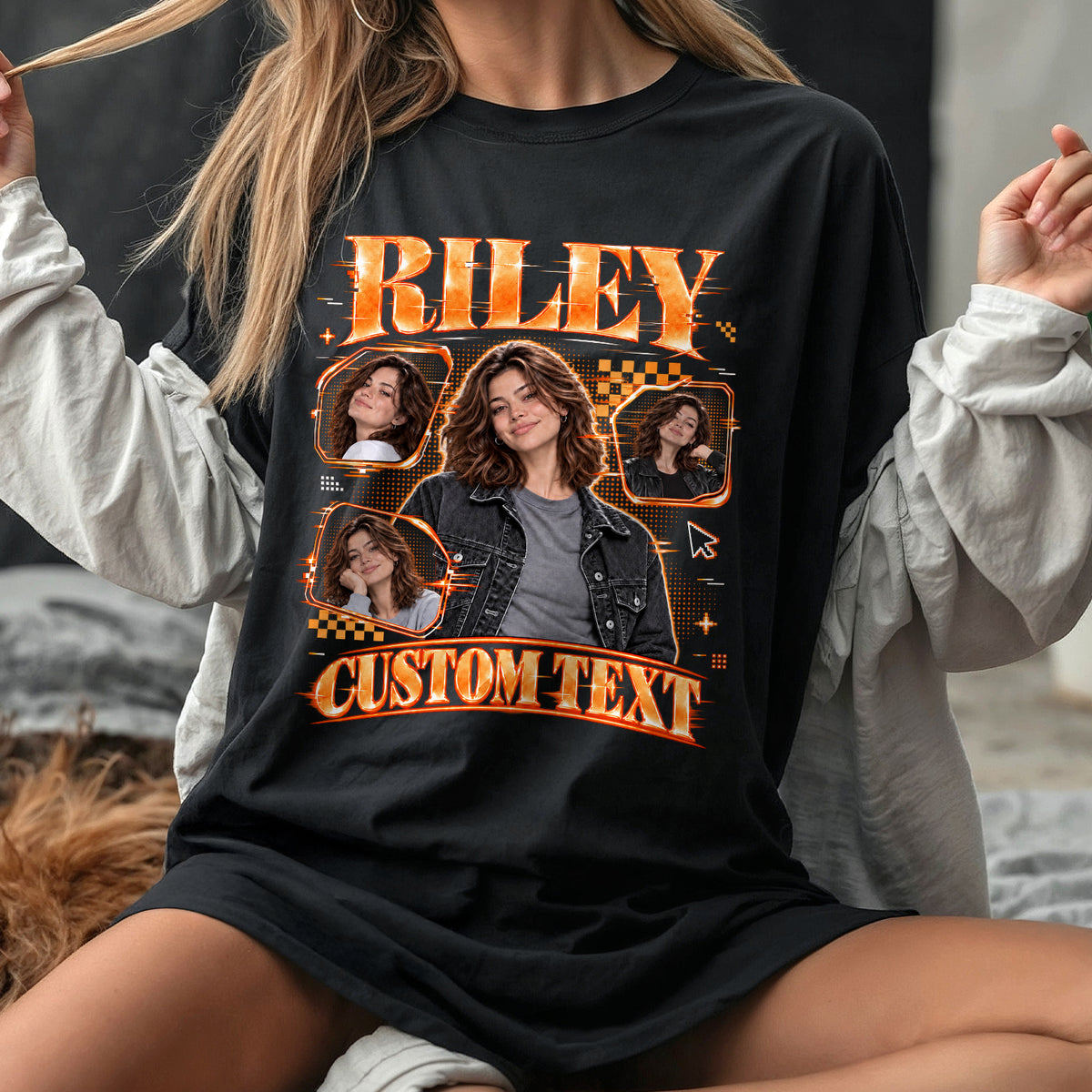 Custom Photo T-Shirt Y2K Neon Grid Aesthetic Tee Personalized Picture Name Clothing